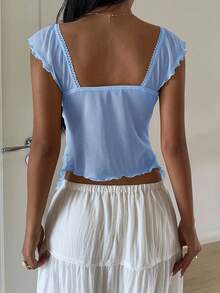 SHEIN EZwear Women's Summer Ruched Bust Mesh Ruffle Sleeve T-Shirt - Blue - View 2