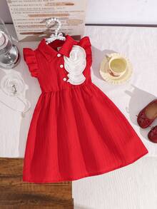 Young Girls' Sweet Red Sleeveless Dress,Collar Design With Ruffled Shoulder Trim,3D Decorative Accent,Flared Skirt For Summer Party & Birthday - Red - View 3