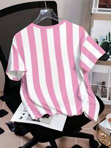 HELLO KITTY AND FRIENDS | SHEIN 女士字母条纹印花圆领短袖T恤 - 白色 - 查看 2