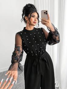 Elenzga جمبسوت فضفاضة مستقيمة بياقة عالية وأكمام طويلة من الراجلان مع تطريز لؤلؤي ورقعات من الشبك، مقاسات كبيرة - الأسود - مشاهدة 3