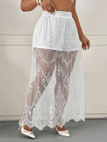 Femmeverse Saia Casual com Detalhe em Renda Plus Size Feminina - Branco - Visão 8