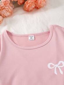 Girls' White Bow Print Pink Short Sleeve Top Paired With Plaid Bow & Heart Print Ruffle Hem Pants Pajama Set - Pink - View 5