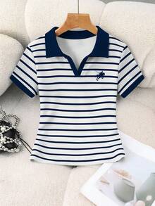 Rovax Polo corto de mujer con estampado a rayas ecuestre, cuello a contraste - Multicolor - Ver 3