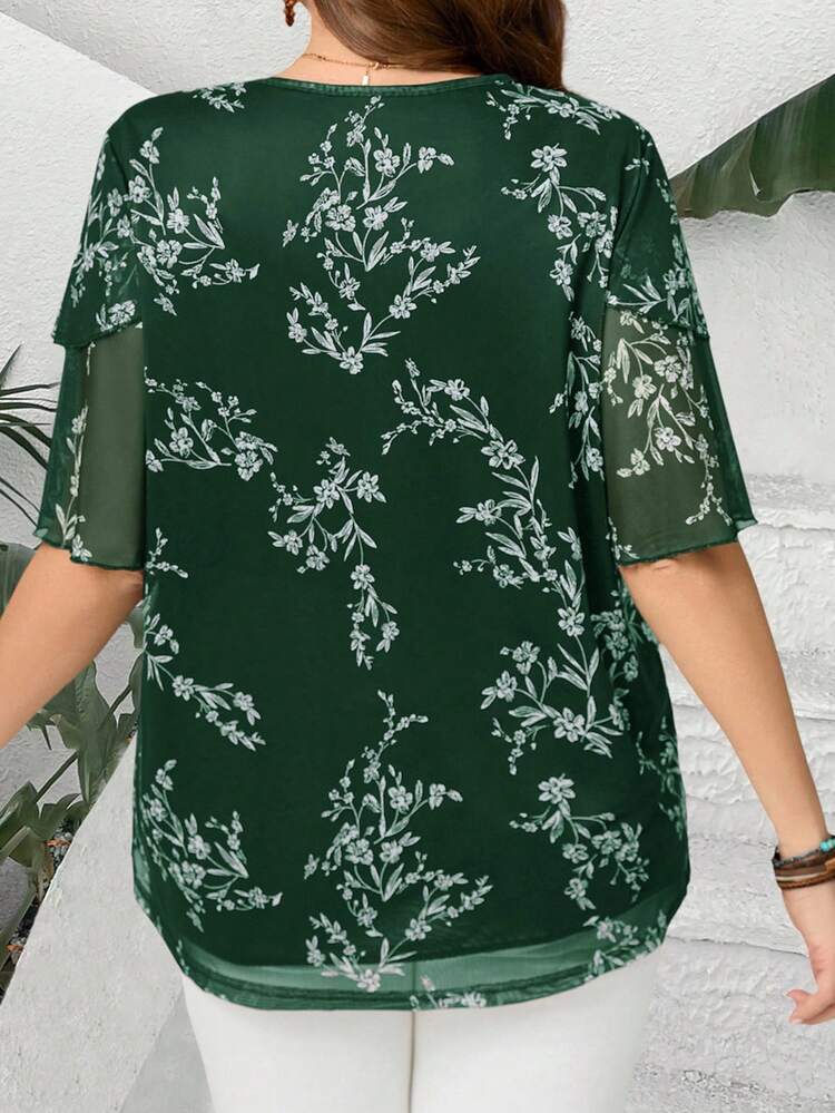 Plus Size Women's Summer Casual Vacation V Neck Short Sleeve Floral Print Ruffle Sleeve Tunic Blouse,Summer Holiday,Vacation,Simple And Fashionable For Everyday Wear,Spring Break,Vacation,Holiday,Going Out,2026 New,Simple And Fashionable For Everyday Wear, Green Blouse