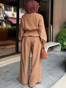 DAZY Women's Elegant Textured Shirt And Wide Leg Pants 2 Pieces Set, Spring/Summer - Coffee Brown - View 2