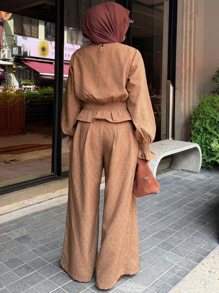 Women's Elegant Textured Shirt And Wide Leg Pants 2 Pieces Set, Spring/Summer