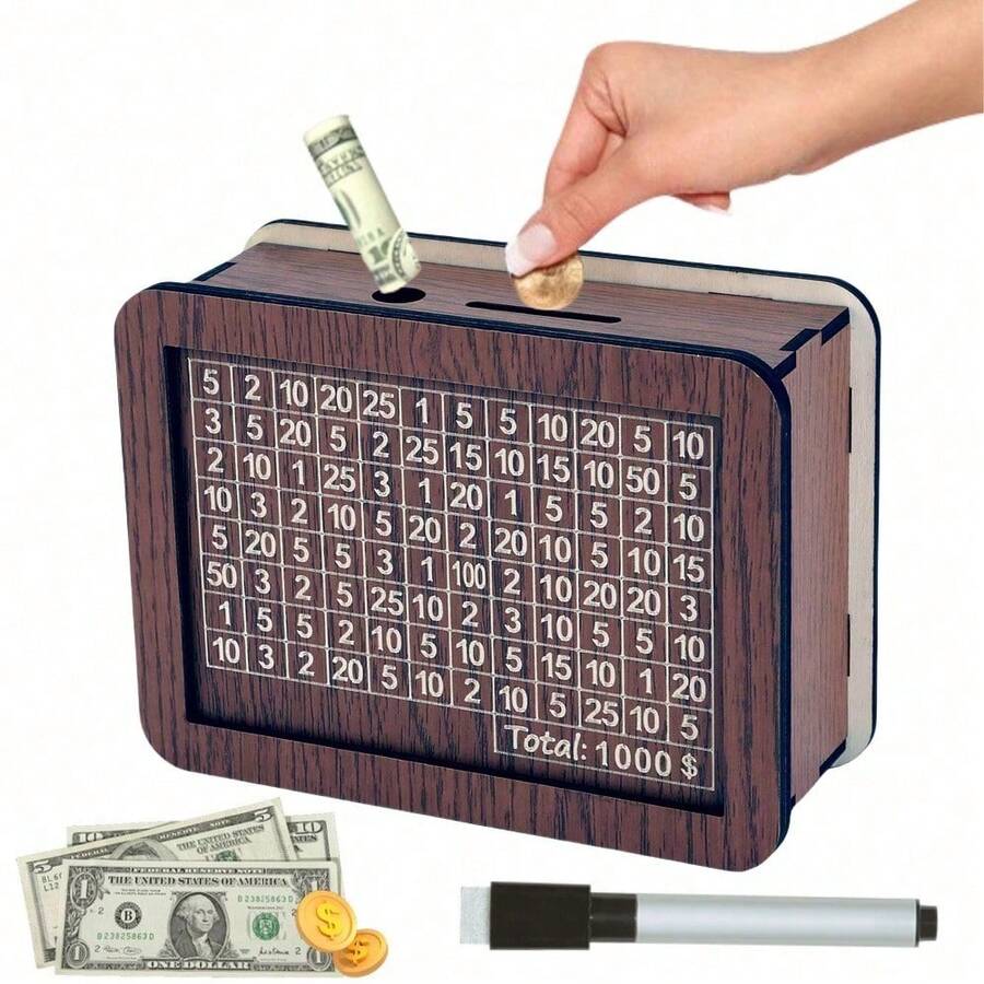 1pc Decoration Sign Piggy Bank DIY Wooden Money Box, Reusable & Writable. Suitable For Coins And Bills Best - dark brown - View 1
