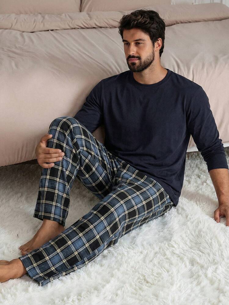 Men's Solid Color Short Sleeve T-Shirt And Plaid Pants Pajama Set, Spring/Summer