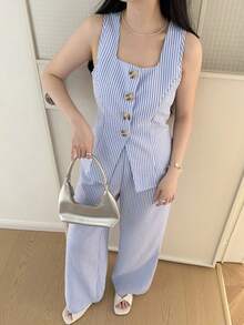SHEIN 少女蓝白条纹休闲度假单排扣背心和裤子套装 - 藍白色 - 查看 7
