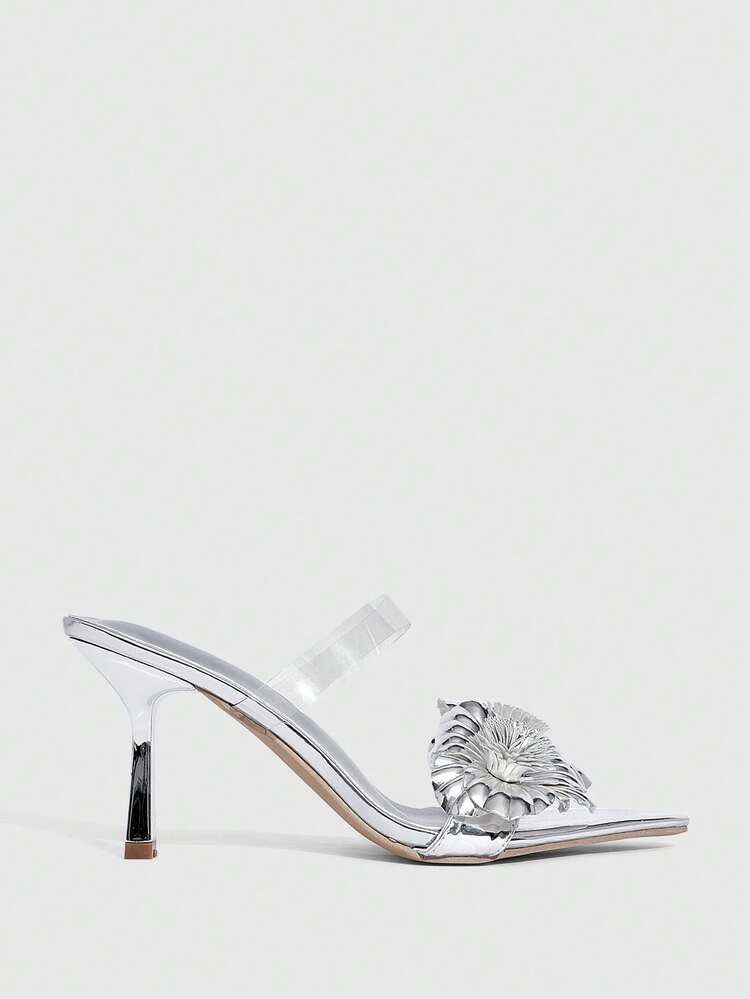 CUCCOO SZL Elegant Silver 3D Floral Decor High Heel Sandals Prom Heels Summer Shoes