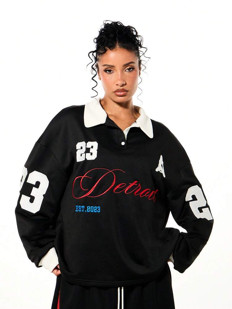 SUMWON WOMEN Oversized Graphic Rugby Polo With Contrast Collar