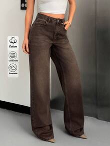 SHEIN BROWN Jean High Rise Casual Straight Leg Woman Denim - Brown - View 6