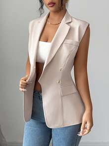 Elenzga 女士春夏新款极简通勤风，都市职业装，适合独立日、情人节、新年派对等场合，修身腰线，商务办公，日常穿着，浅杏色休闲西装外套 - 杏色 - 查看 4