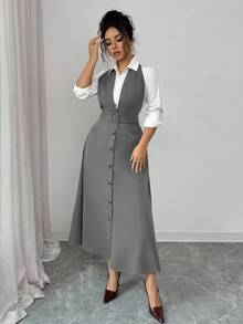 Rafferiza Khaki Trägerkleid mit Taschenverzierung, taillierter Passform für Damen, Herbst - Grau - Übersicht 5