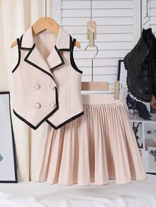 Conjunto de blusa sin mangas y falda plisada para niñas, adecuado para la escuela, salidas y otras ocasiones - Albaricoque - Ver 1