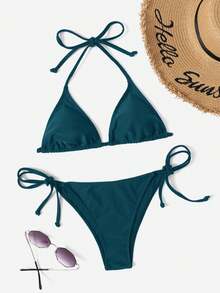 Swim Vcay Women's Solid Color Halter Tie Sexy Bikini Swimwear Set, Summer Beach - Teal Blue - View 1