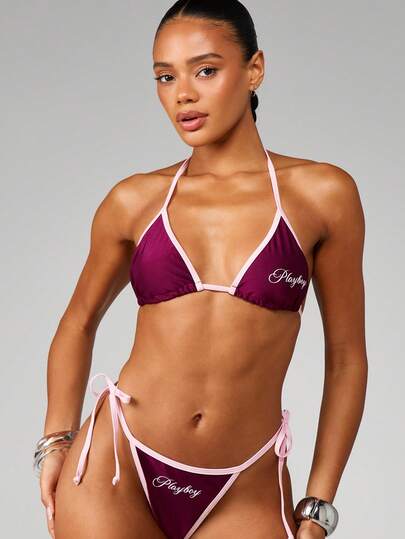 Missguided x Playboy Halter Triangle Bikini Set With Contrast Trim And Tie Details Summer Beachwear Two Piece Swimsuit