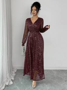 Rafferiza Sequin Embellished Long Sleeve Party Dress - Maroon - View 4