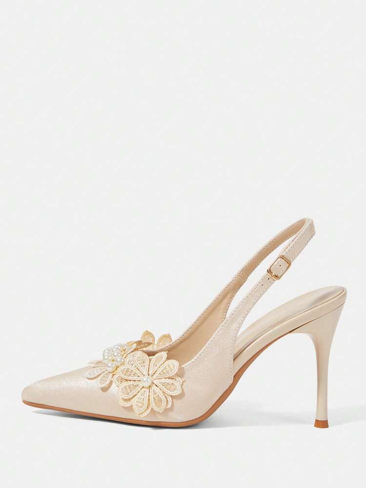 CUCCOO HITCHD Women Shoes Pointed Stiletto Apricot Pearl Lace Flower Slingback Women's High Heel Shoes Wedding Dinner Party Women's Shoes Slingback Shoes Wedding Shoes Spring Shoes Bride Shoes
