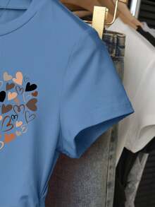 SHEIN 大码女式束腰T恤，优雅设计，可爱爱心印花图案，适合休闲、约会、户外、旅行、聚会等场合，穿着舒适。 - 藏蓝色 - 查看 5