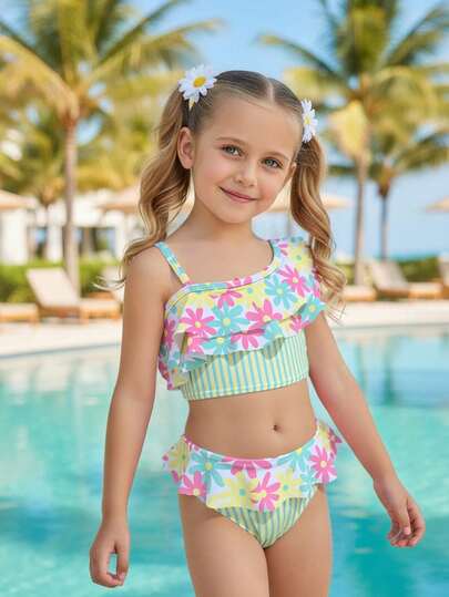 Girls Swimsuit Set, Striped Floral Print, Cute Swimwear Set Suitable For Vacation, Beach Play Flower Print Two Piece Swimsuit Two Pieces Swimsuit Girls Two Piece Swimsuit Kids Striped Swimsuit Ruffle Trim Two Piece Swimsuit Kids Floral Print Swimsuit Ruffle Trim Printed Swimwear Summer Striped Swimwear Kids Bikini Set High Waist 2 Piece Bathing Suit For Girls Tanking Kids 2 Pc Bathing Suits Girl Swimsuits For Eight Year Old Two Pieces With Ruffles