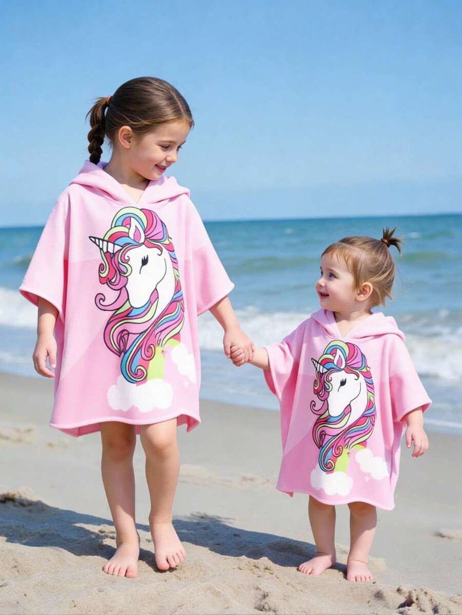 Emery Rose Kids Emery Rose Kids Young Girl Cute Casual Pink Cartoon Pattern Hooded Loose Swim Cover-Up