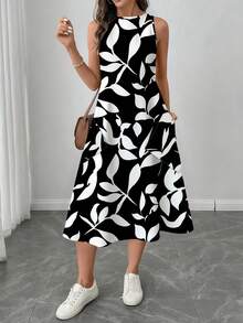 SHEIN LUNE 女士休闲印花中长连衣裙，适合春夏穿着 - 黑與白 - 查看 3