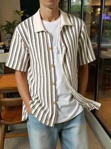 条纹钩针编织青少年男童休闲衬衫，舒适时尚，百搭实用，适合海滩度假、上学、日常穿着以及春夏休闲穿着。经典条纹领短袖衬衫，百搭实用，适合通勤、上学、日常穿着、运动，春夏皆宜。 - 杏色 - 查看 7