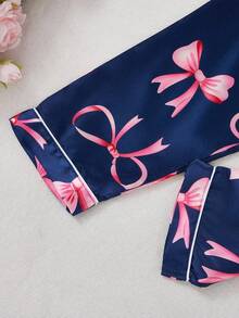 2pcs Girls Young Bow Print Long Sleeve Cardigan And Pants Homewear Set, Spring/Autumn - Royal Blue - View 5