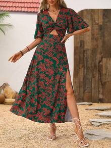 Breezaya Đầm maxi nữ kiểu dáng thắt nút xoắn phía trước, in hoa, xẻ tà bên hông, hở lưng. - Màu xanh Ô liu - Xem 4