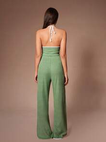 Lazeform Women's Fashion Spaghetti Strap Crop Top V-Neck Camisole + Embroidered Long Pants 2-Piece Pajama Set - Green - View 2