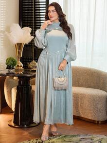 Modelyn 大码女式优雅束腰珍珠装饰灯笼袖简约连衣裙 - 薄荷綠 - 查看 5