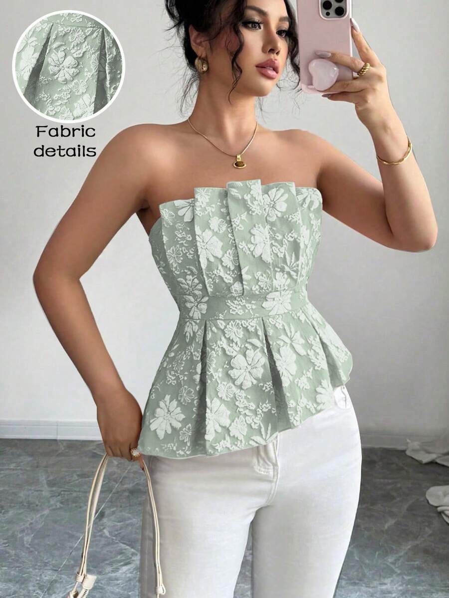 Rafferiza 女士奢华优雅花卉抹胸不对称上衣 - 綠色 - 查看 1