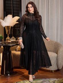 Modelyn Plus Size Women's Fashion Hollow-Out Long Sleeve Lace Round Neck Maxi Flare Hem Elegant Party Dress - Black - View 6