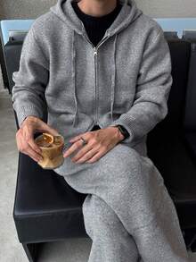 DAZY 男士灰色针织连帽开衫和松紧腰裤两件套，秋季 - 灰色 - 查看 4