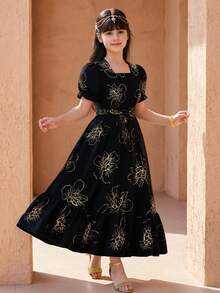 SHEIN ChillGRL 少女度假海滩乡村热带夏季树叶碎花方领泡泡袖腰带连衣裙