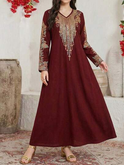 SHEIN Floral Teen Girl Jalabiya, Elegant Vintage Floral Embroidered,Teen Girls Casual Minimalist Traditional Long Sleeve Arabic Dress Suitable For Spring/Summer, Elegant Modest Long Sleeve Dress, Prayer Abaya, Easy Comfort, Casual Wear, Vacay Vibes, Modest Kaftan, Teen Girl Jalabiya, Teen Girls Jalabiyaرمضان Ramadanفستان العيدجلابيات Abaya