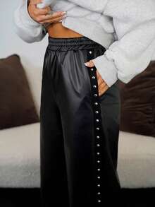 SAYEHFBABY 設有鉚釘細節和分割式下擺的PU皮褲 - 黑色 - 查看 6