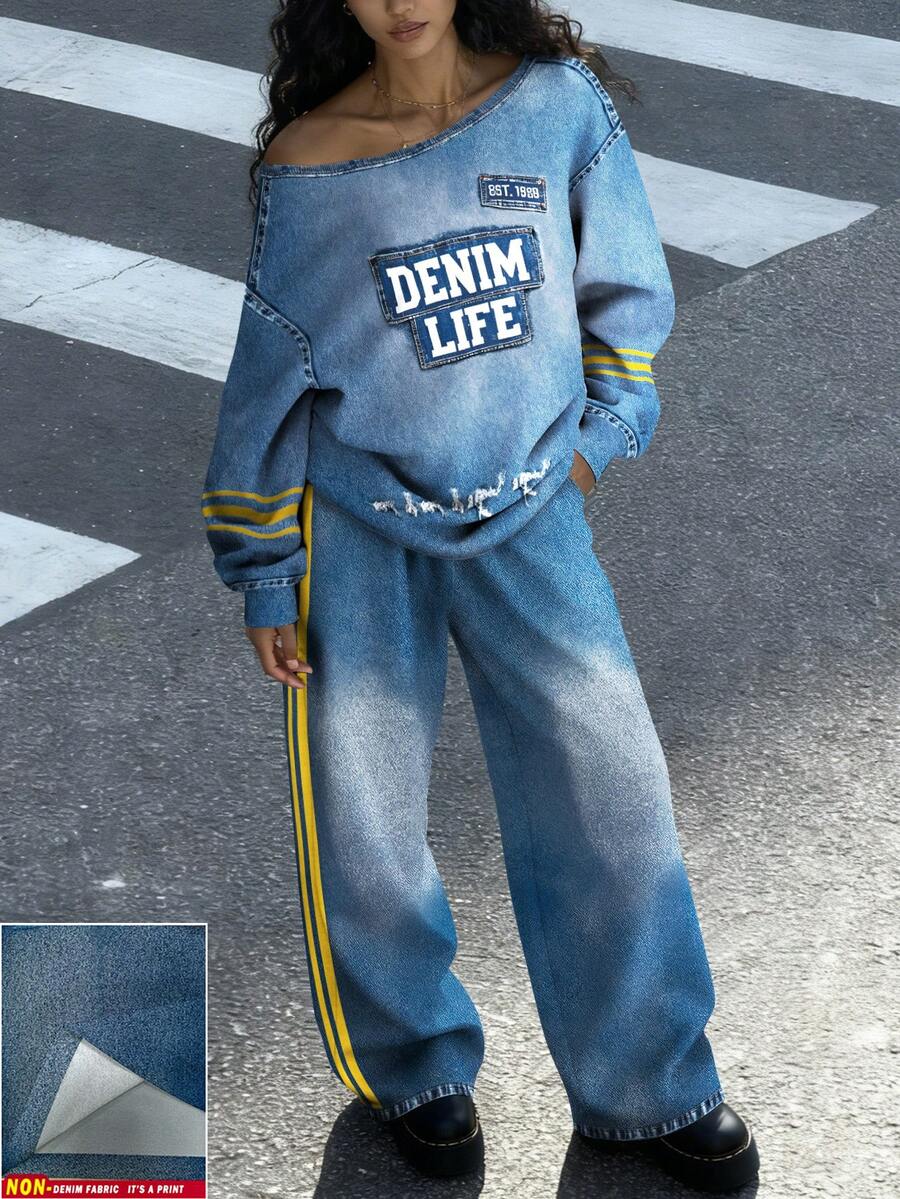 Rovax Retro American Style Faux Denim Letter Print, Contrast Yellow Striped, Casual Off-Shoulder Sweatshirt And Pants Set For Women - Multicolor - View 1