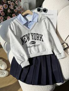 SHEIN 女童时尚宽松休闲翻领上衣 + 条纹格纹百搭A字裙，学院风