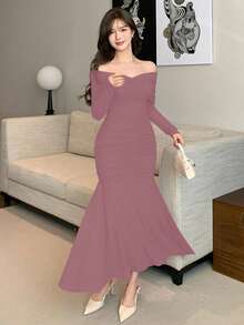 DAZY Đầm midi trễ vai xếp ly màu trơn thanh lịch dành cho nữ, đầm mùa xuân/hè. - Hồng - Xem 4