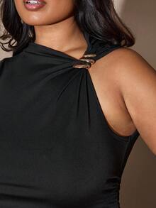 SHEIN BAE Plus Size Women's Black Asymmetrical Shoulder Irregular Hem Sleeveless T-Shirt,Elegant,Formal,Autumn Evening Night Party,Casual Versatile Solid Top - Multicolor - View 7