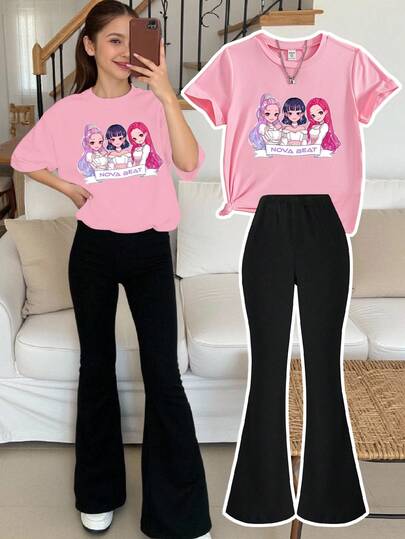 Set de 2 piezas de camiseta de manga corta con estampado de personaje de dibujos animados K-Pop y pantalones acampanados negros para niñas jóvenes, adecuado para uso diario