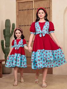 SHEIN Tween Girl Ditsy Floral Fitted Casual Round Neck Chiffon Dress, Sibling Outfits, Sisters Outfit, Suitable For Daily Wear, Festivals, Family Gatherings And Special Occasions, Spring And Summer, Perfect For Vacations - Red - View 3