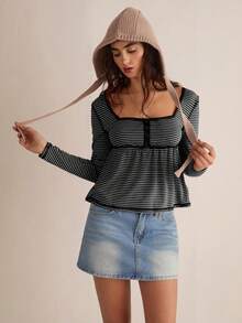 Easelle Vintage nomadischer, Washeder, abgenutzter Quadratkragen Spitzen-Patchwork Schwarz-Weiß gestreiftes Damen Top - Verschiedenfarbig - Übersicht 1
