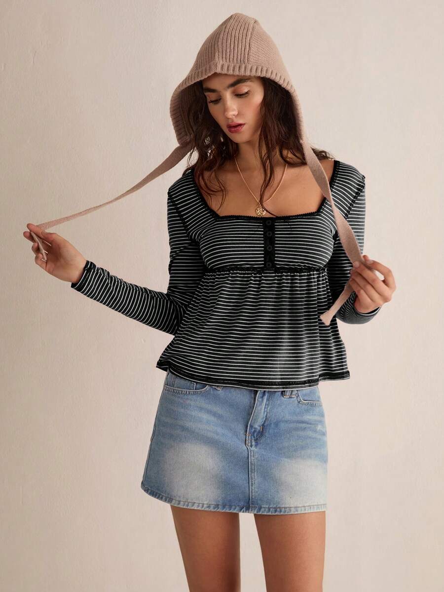 Easelle Vintage nomadischer, Washeder, abgenutzter Quadratkragen Spitzen-Patchwork Schwarz-Weiß gestreiftes Damen Top - Verschiedenfarbig - Übersicht 1