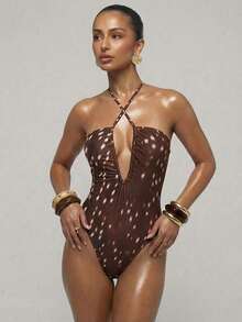 SHEIN BAE 女士性感优雅浪漫印花吊带露背镂空高开衩连体泳衣，度假装 - 棕色 - 查看 5