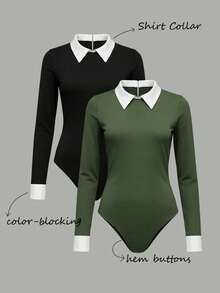 Franclia 2025新款衬衫领撞色细节长袖连体衣——经典黑白配色，修身贴合身形，展现迷人曲线，轻松百搭。 - 軍綠色 - 查看 1