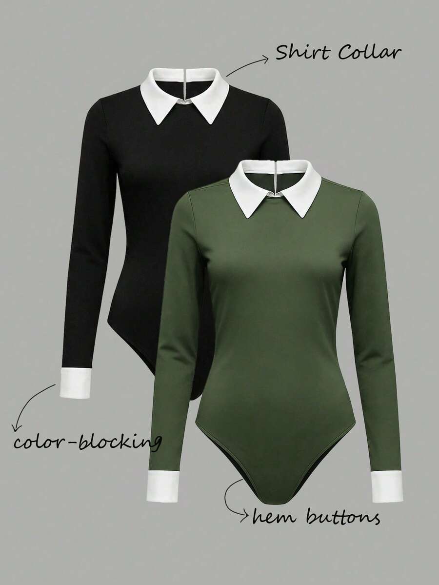 Franclia 2025新款衬衫领撞色细节长袖连体衣——经典黑白配色，修身贴合身形，展现迷人曲线，轻松百搭。 - 軍綠色 - 查看 1