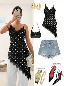 Ritzy Row 波点V领蕾丝边饰不规则开衩时尚性感女士吊带背心，适合夏季假期、夏季上衣、女士情人节、女士狂欢节服装、女士沙滩装、沙滩、派对上衣、优雅女士上衣、波点上衣、女士度假。 - 黑色 - 查看 3